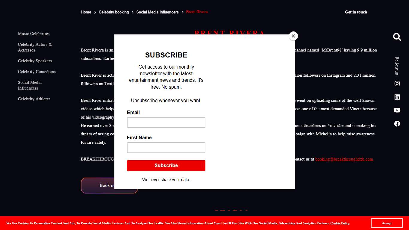 Book Brent Rivera with Celebrity Booking Agency BREAKTHROUGH XCLUSIVE